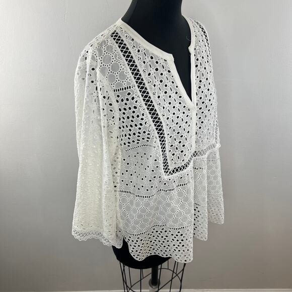 HALE BOB Eyelet Blouse Top White Cotton Split Neckline Long Sleeves Size L Large - Picture 5 of 10